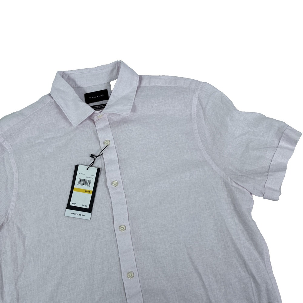 New Mens Perry Ellis Linen Blend Button Up Short Sleeve Shirt Size M Pink NWT